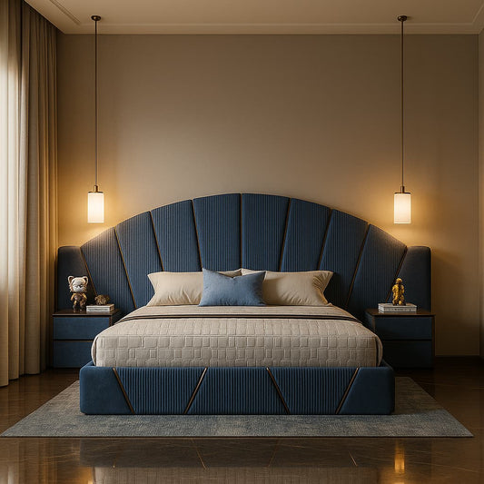 Aangan Signature FanHead Royal Bed – Premium Blue Upholstered Designer King Bed