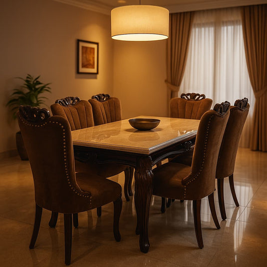 Aangan Royal Classic 8-Seater Marble-Top Dining Table Set (Premium Carved Finish)