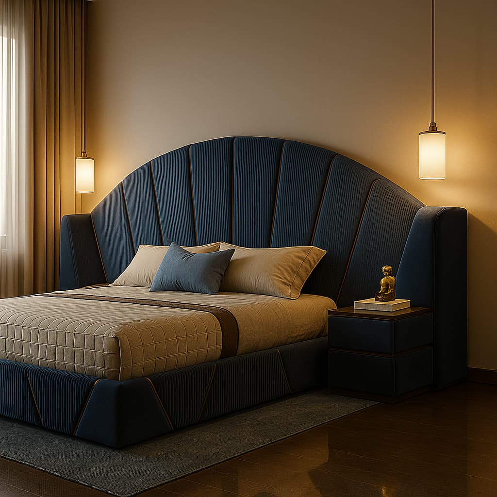 Aangan Signature FanHead Royal Bed – Premium Blue Upholstered Designer King Bed