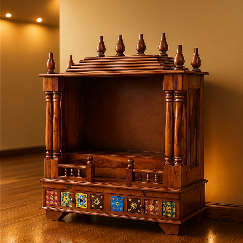 Aangan Sheesham Open Pooja Temple with Ceramic Tile Accents