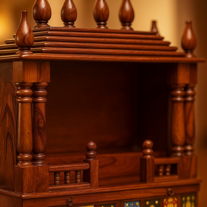 Aangan Sheesham Open Pooja Temple with Ceramic Tile Accents