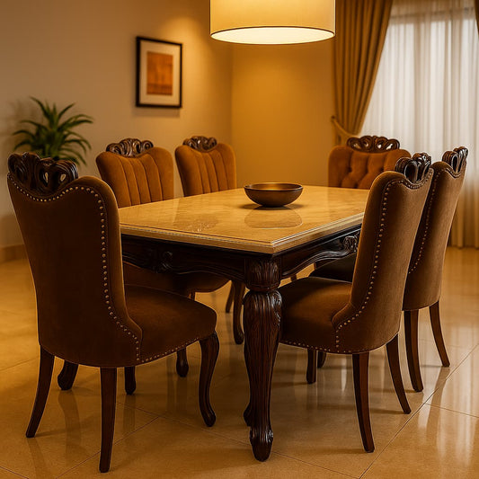 Aangan Royal Classic 8-Seater Marble-Top Dining Table Set (Premium Carved Finish)