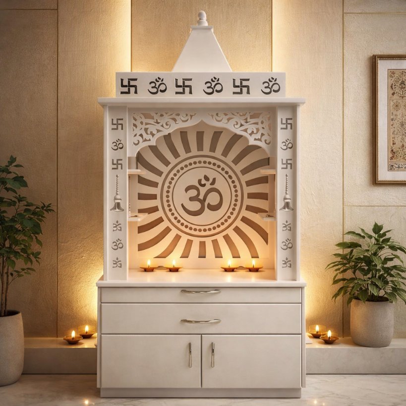 Aangan Divine Home Mandir with Om Carving & Storage – Premium White Finish