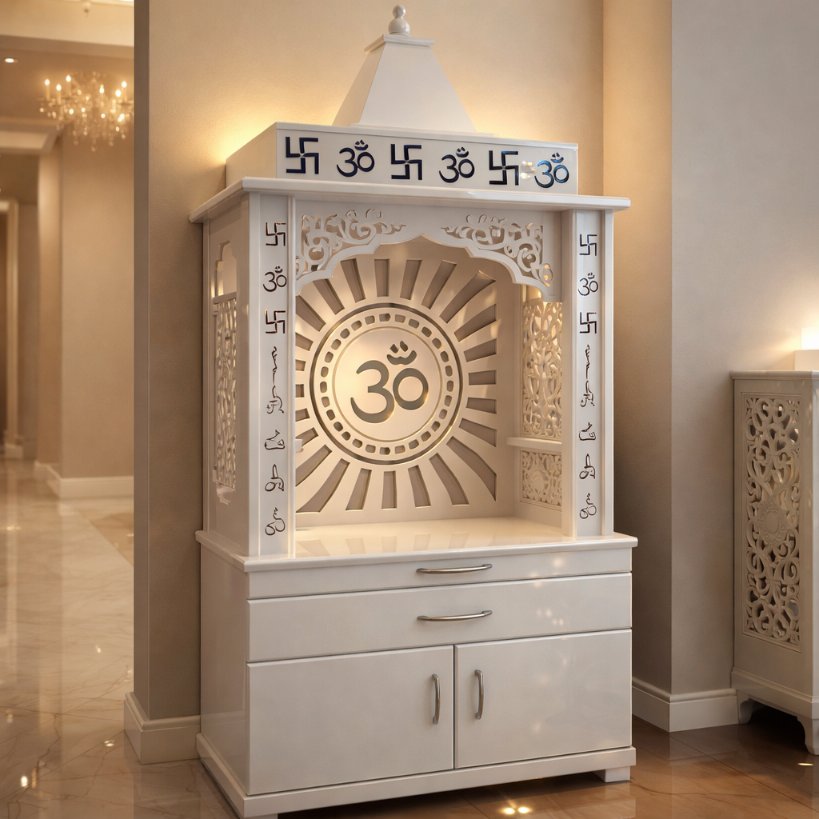 Aangan Divine Home Mandir with Om Carving & Storage – Premium White Finish