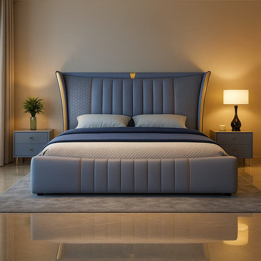Aangan Royale Wingback Panel Bed – Luxe Blue Edition