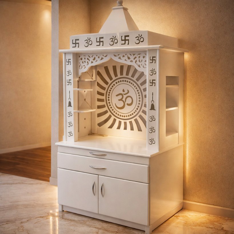 Aangan Divine Home Mandir with Om Carving & Storage – Premium White Finish