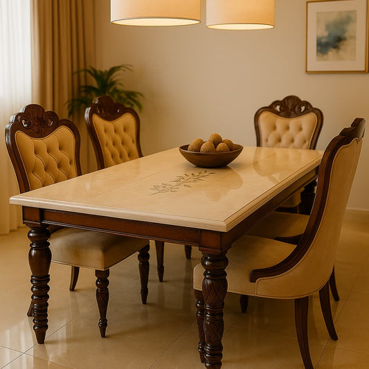 Aangan Premium 6-Seater Royal Carved Dining Table Set – Marble Top With Designer Upholstered Chairs