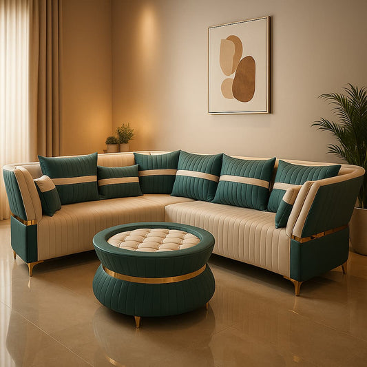 Aangan Elite Royale 7-Seater Sofa with Gold Finish Accents