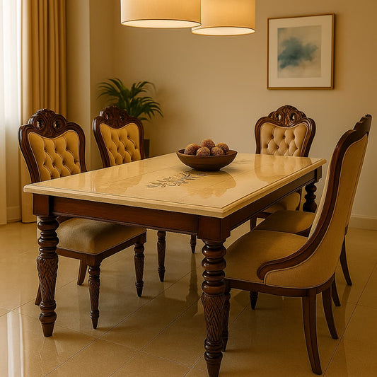 Aangan Premium 6-Seater Royal Carved Dining Table Set – Marble Top With Designer Upholstered Chairs