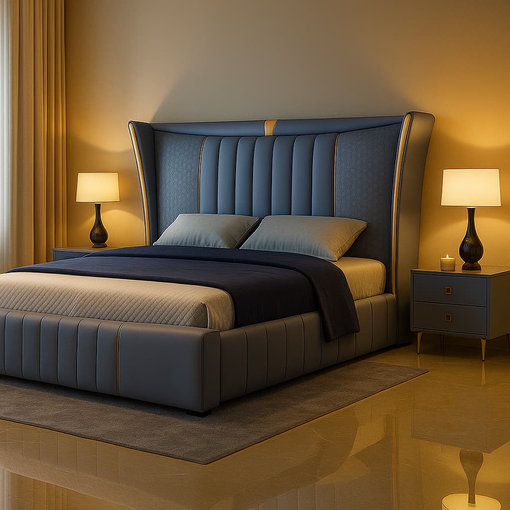 Aangan Royale Wingback Panel Bed – Luxe Blue Edition