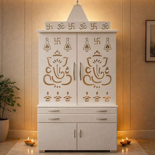 Aangan Shree Ganesh Luxury Home Mandir with Backlit Carving & Storage