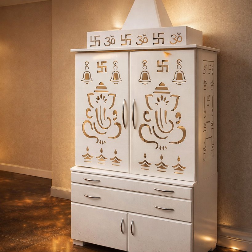 Aangan Shree Ganesh Luxury Home Mandir with Backlit Carving & Storage