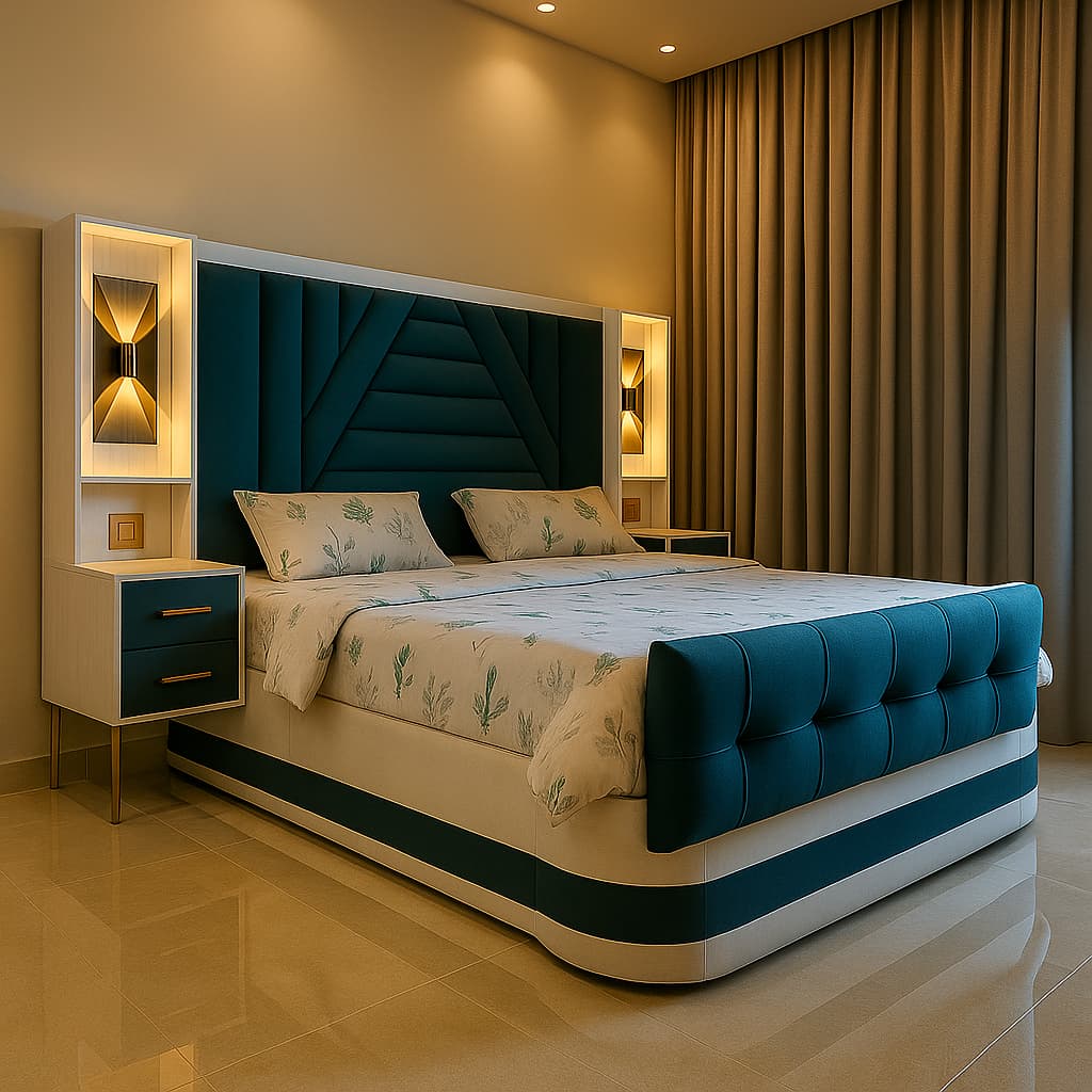 Aangan Modern Luxe Teal Panel Bed with Premium Storage Base