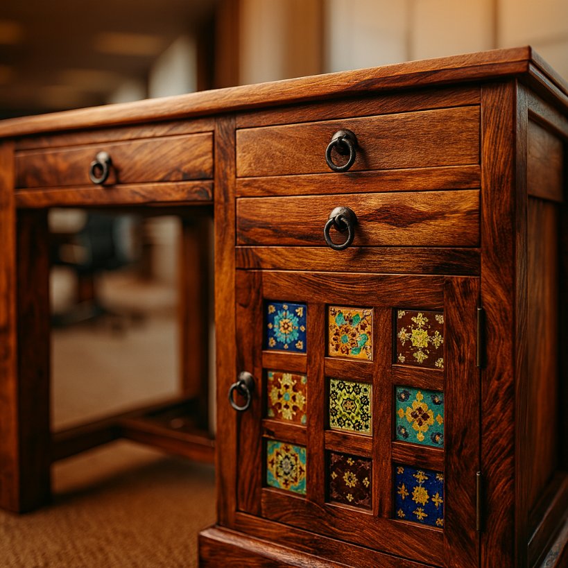 Solid Wood Office Table with Storage Cabinet