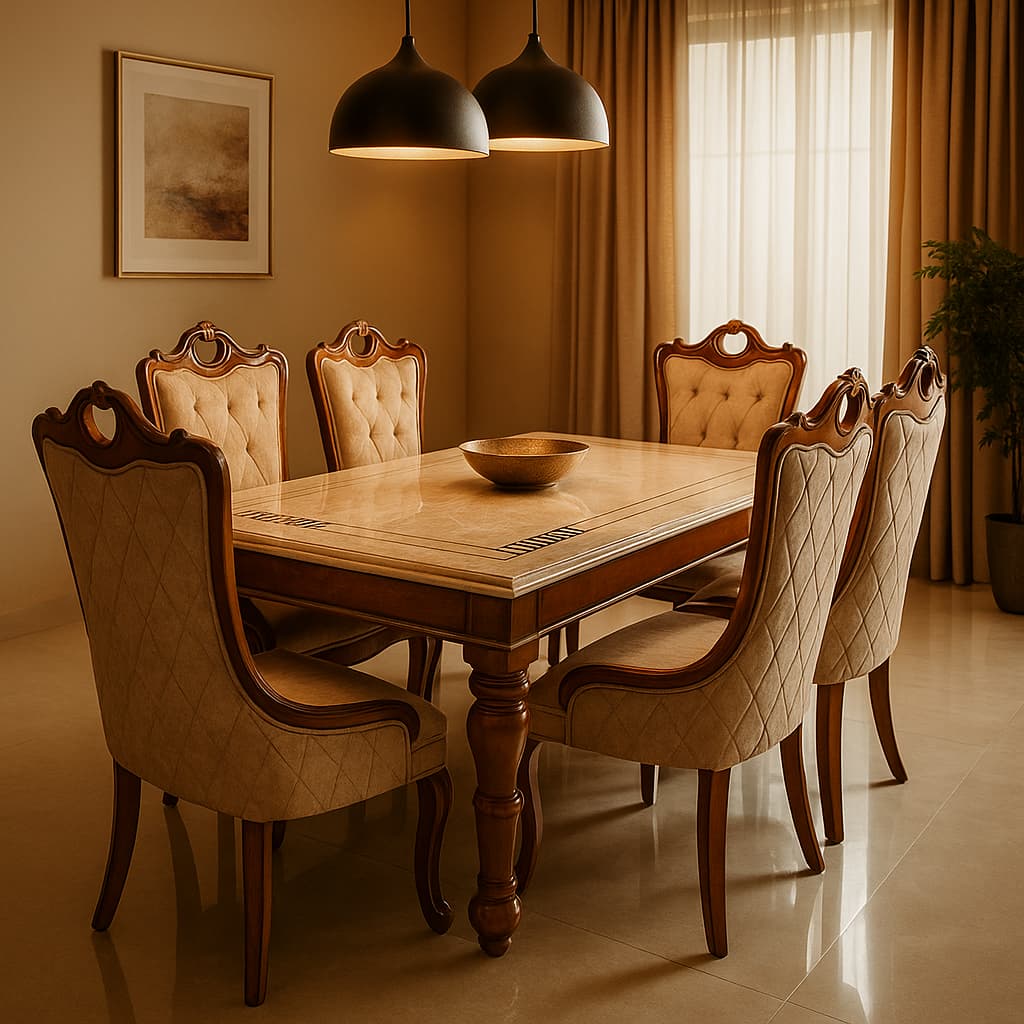 Aangan Royal Classic 6-Seater Dining Table Set – Solid Wood Frame & Premium Upholstered Chairs