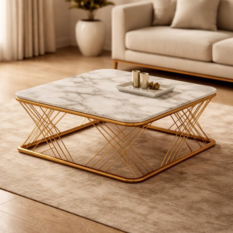 Luxury Marble Top Centre Table with Gold Metal Base