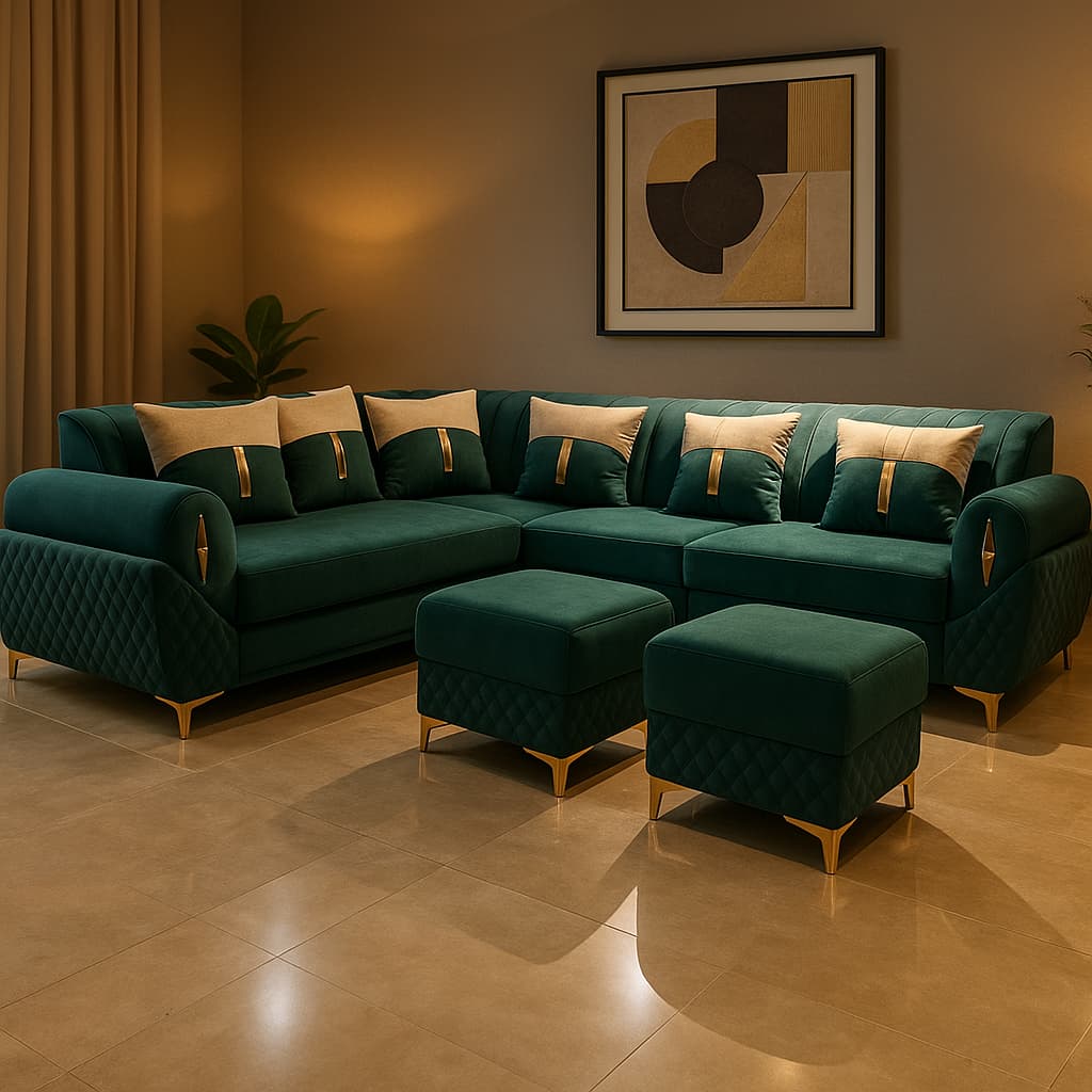 Aangan Emerald Majesty 7-Seater L-Shaped Sofa Set with Ottoman