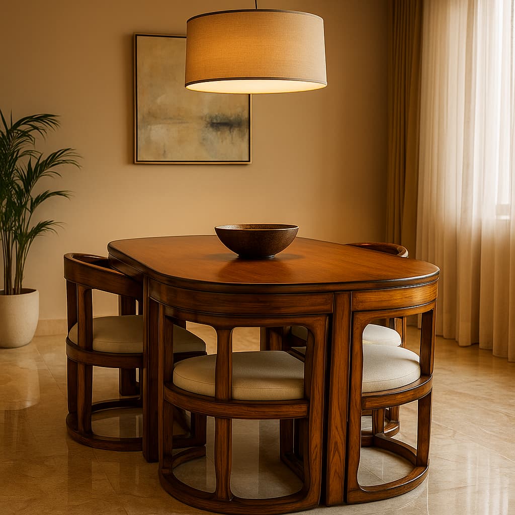 Aangan Elegant Round-Corner Compact Wooden Dining Table Set (4 Seater) – Premium Teak Finish