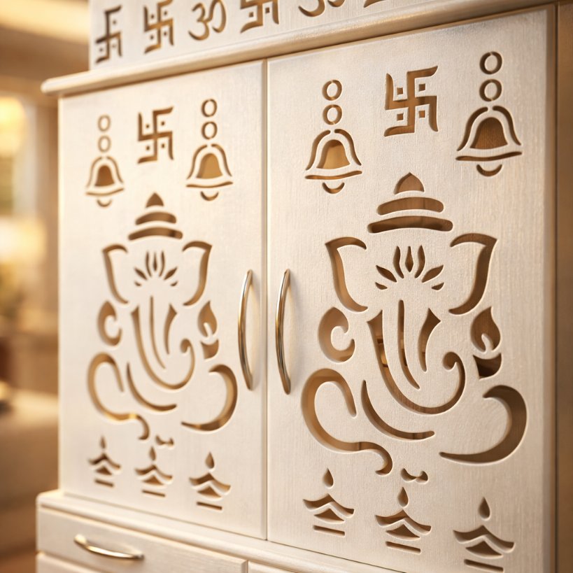 Aangan Shree Ganesh Luxury Home Mandir with Backlit Carving & Storage