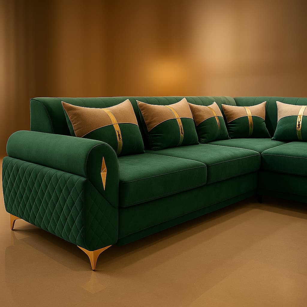 Aangan Emerald Majesty 7-Seater L-Shaped Sofa Set with Ottoman