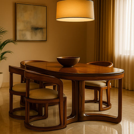 Aangan Elegant Round-Corner Compact Wooden Dining Table Set (4 Seater) – Premium Teak Finish