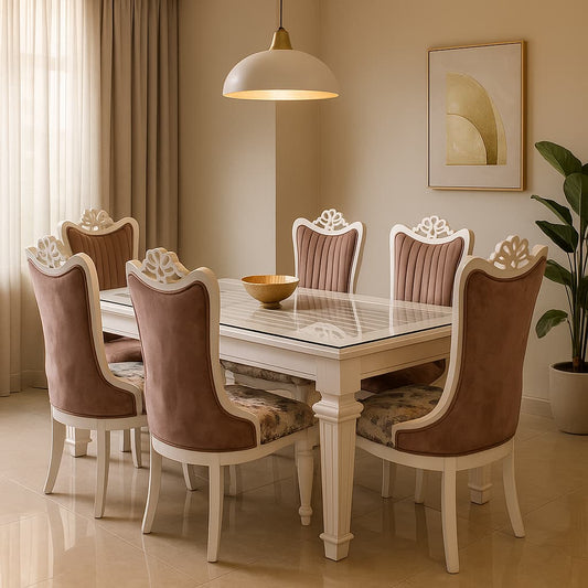 Aangan Royal White Carved 6-Seater Dining Set – Velvet High-Back Floral Edition
