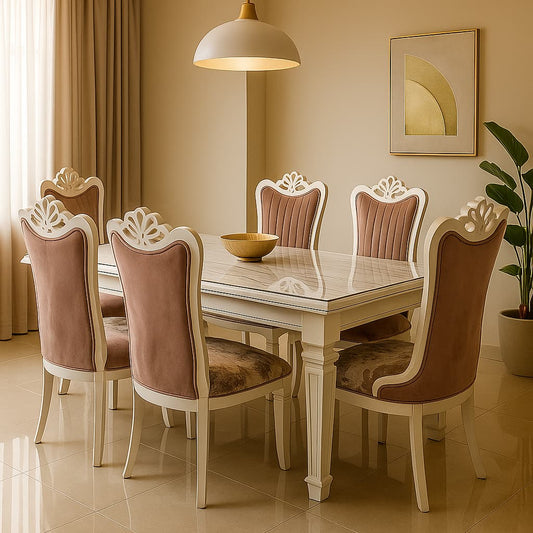 Aangan Royal White Carved 6-Seater Dining Set – Velvet High-Back Floral Edition