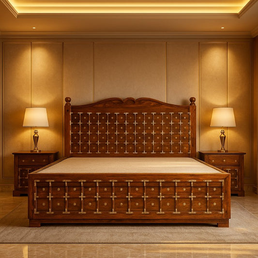 Aangan Royal Brass-Studded Sheesham Bed – King/Queen Size