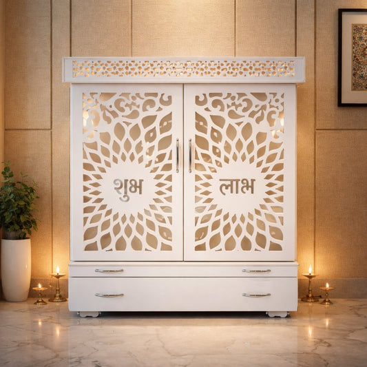Aangan Shubh–Laabh Luxury Home Mandir with Ornamental Jali Doors & Storage