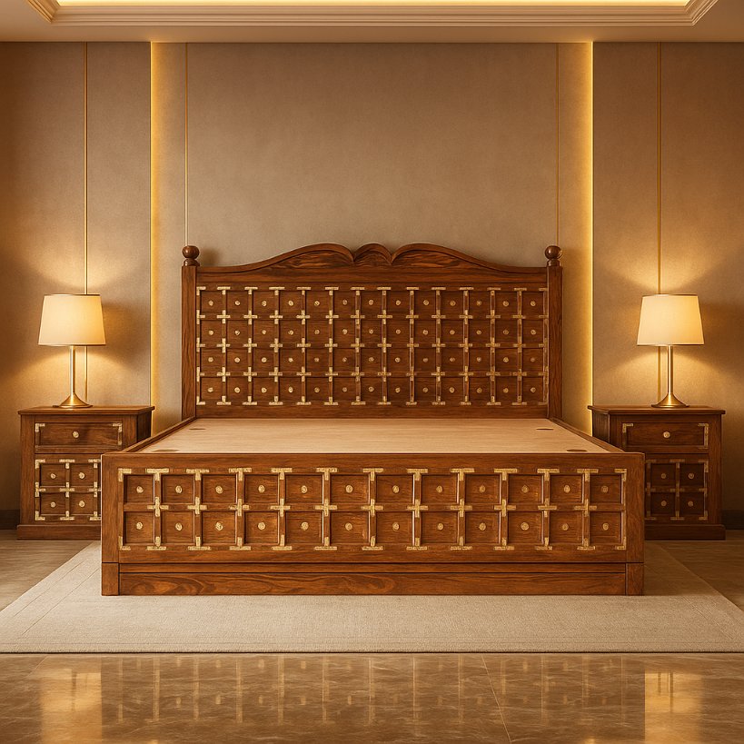 Aangan Royal Brass-Studded Sheesham Bed – King/Queen Size