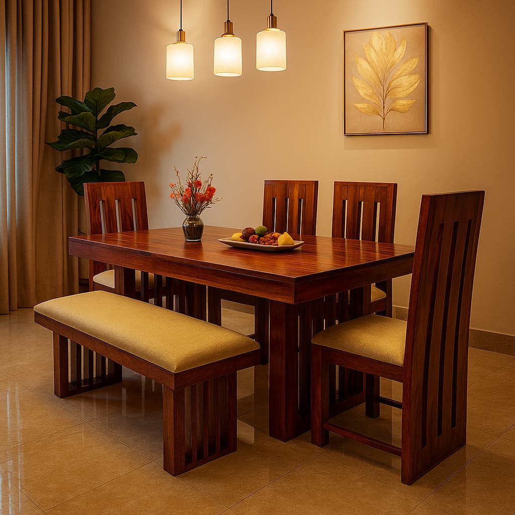 AANGAN  Contemporary Solid Wood Dining Table With Bench & Chair Set (6-Seater)
