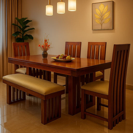 AANGAN  Contemporary Solid Wood Dining Table With Bench & Chair Set (6-Seater)