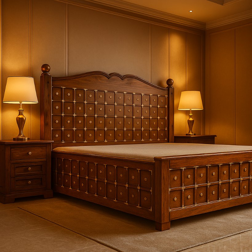 Aangan Royal Brass-Studded Sheesham Bed – King/Queen Size