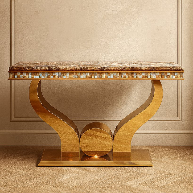 Designer Marble Top Console Table with Sculpted Gold Base
