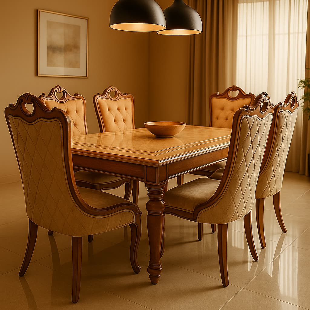 Aangan Royal Classic 6-Seater Dining Table Set – Solid Wood Frame & Premium Upholstered Chairs