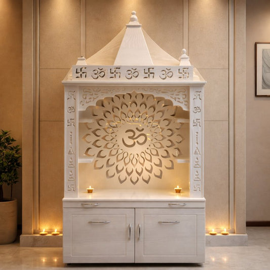 Aangan Om Lotus Luxury Home Mandir with Backlit Panel & Storage