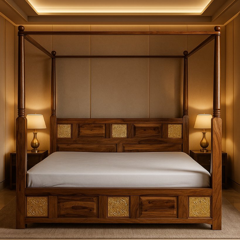 Aangan Royal Canopy Sheesham Bed with Brass Inlay – King/Queen