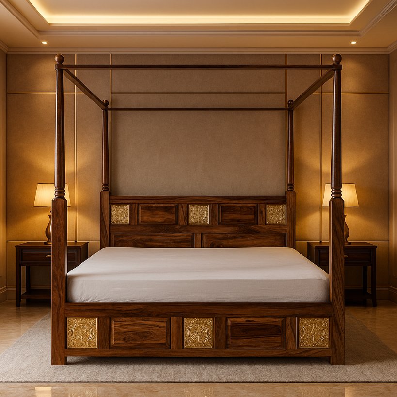 Aangan Royal Canopy Sheesham Bed with Brass Inlay – King/Queen