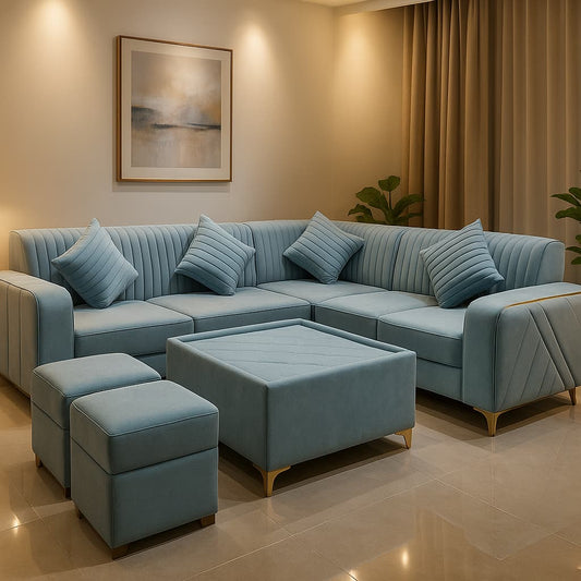 Aangan SkyLuxe 7-Seater Velvet L-Shaped Sofa Set