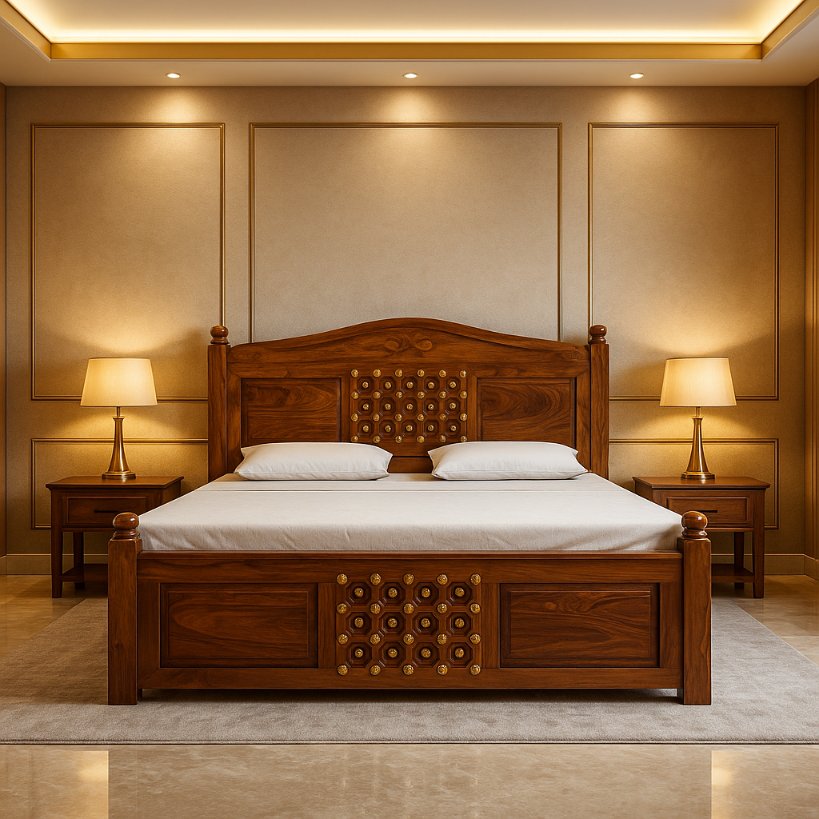 Aangan Royal Sheesham Bed with Brass Motif Panels – King/Queen
