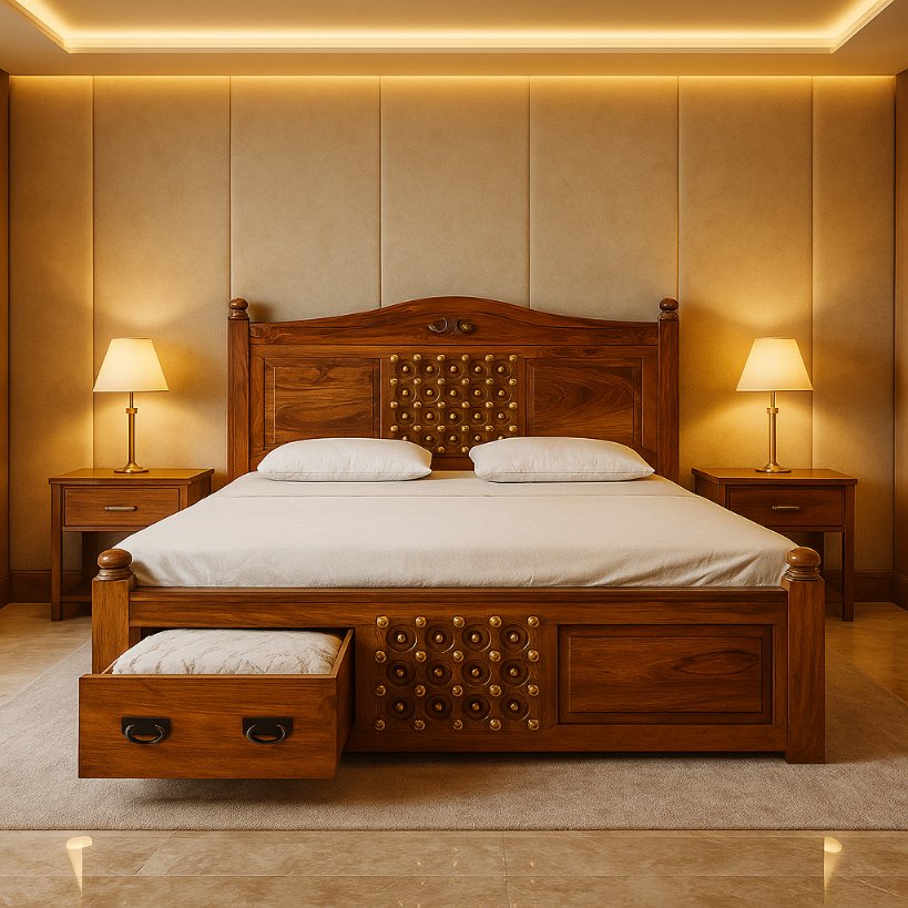 Aangan Royal Sheesham Bed with Brass Motif Panels – King/Queen