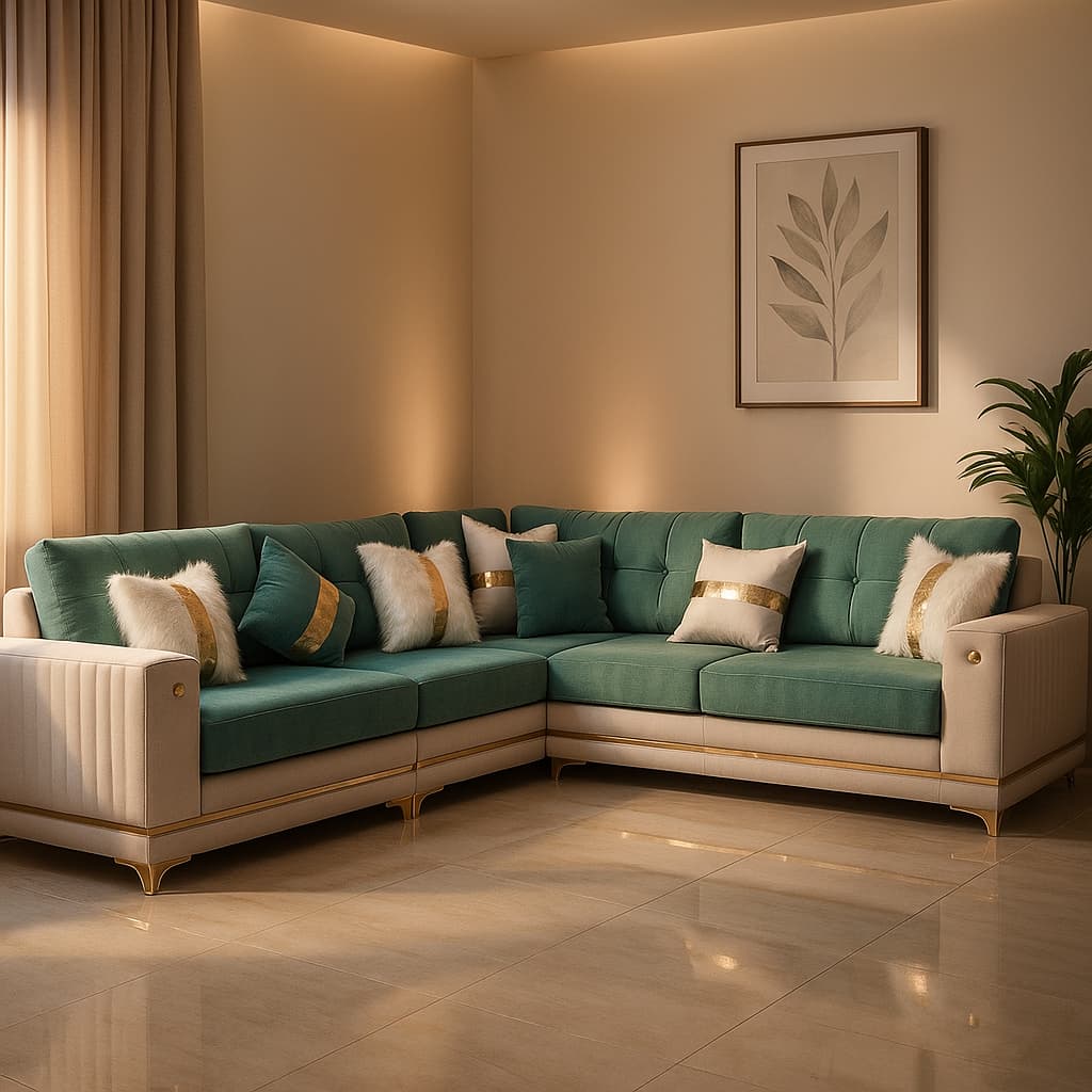 Aangan Teal Elegance 7-Seater Dual-Tone L-Shaped Sofa Set