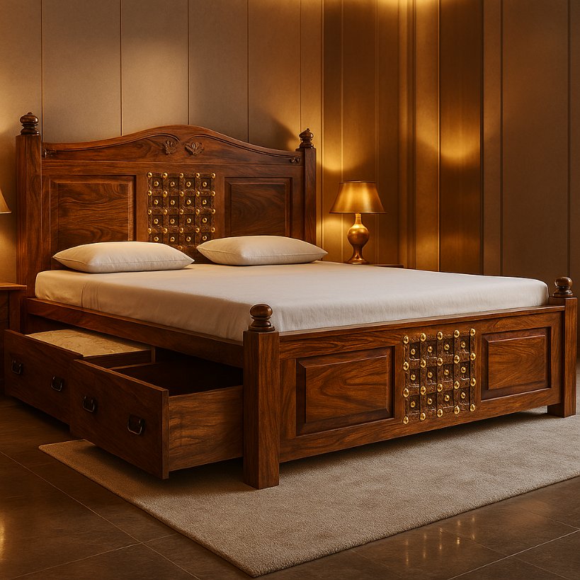 Aangan Royal Sheesham Bed with Brass Motif Panels – King/Queen