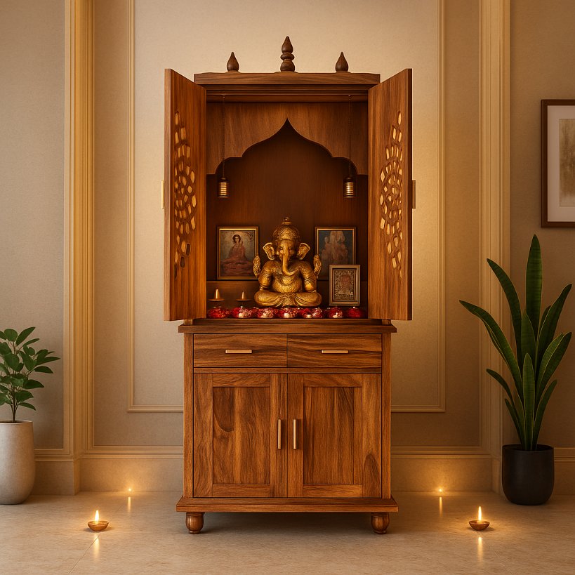 Aangan Premium Sheesham Home Mandir with Carved Doors