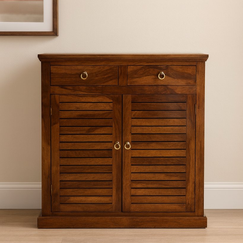 Aangan Solid Wood Shoe Rack with Dual Drawers & Louvered Doors
