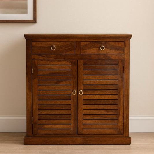 Aangan Solid Wood Shoe Rack with Dual Drawers & Louvered Doors