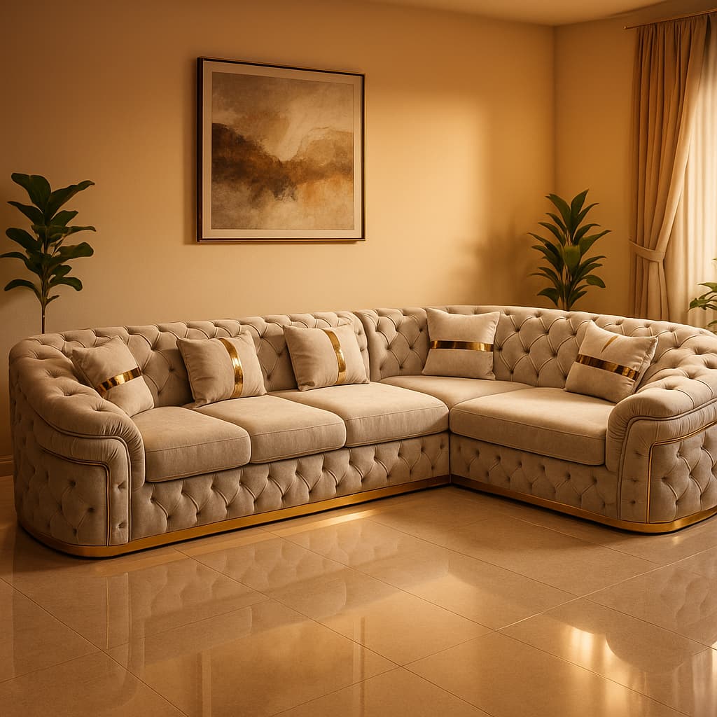 Aangan Majestic Beige 7-Seater Tufted Royal Sofa Set