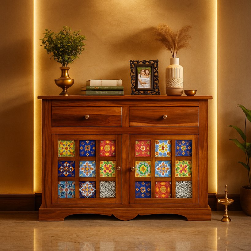 Aangan Handcrafted Tile-Front Wooden Sideboard