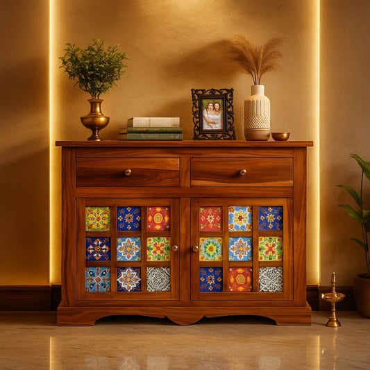 Aangan Handcrafted Tile-Front Wooden Sideboard