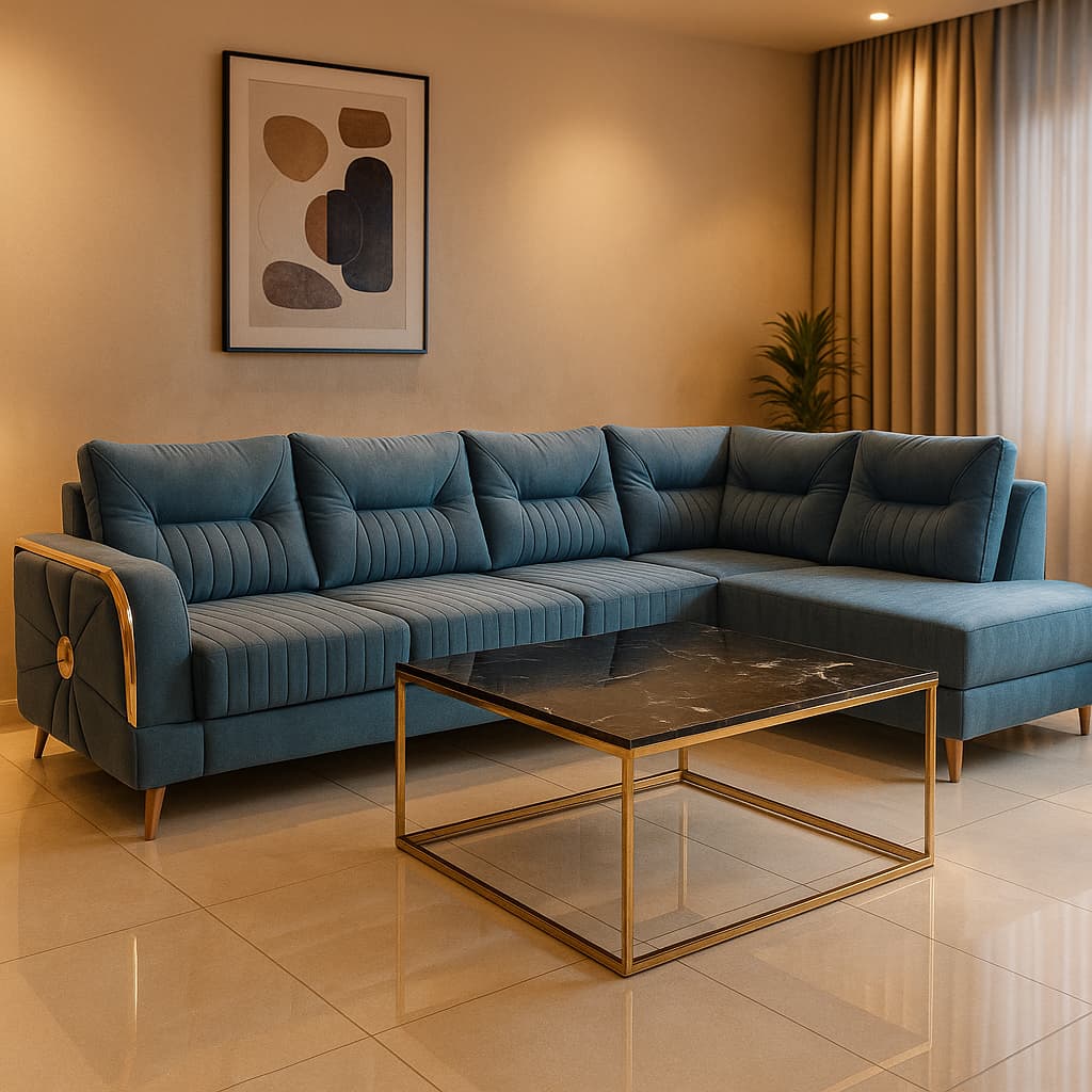 Aangan Teal Moderno 7-Seater L-Shaped Luxury Sofa